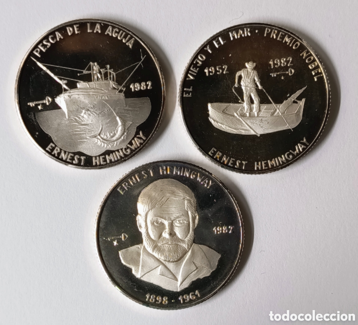 Monedas antiguas de Am&eacute;rica: CUBA. SERIE &ldquo;ERNEST HEMINGWAY&rdquo;. 1982. 3x5 PESOS. PLATA. PROOF. ,999. 12 gramos (x3) MUY RARAS