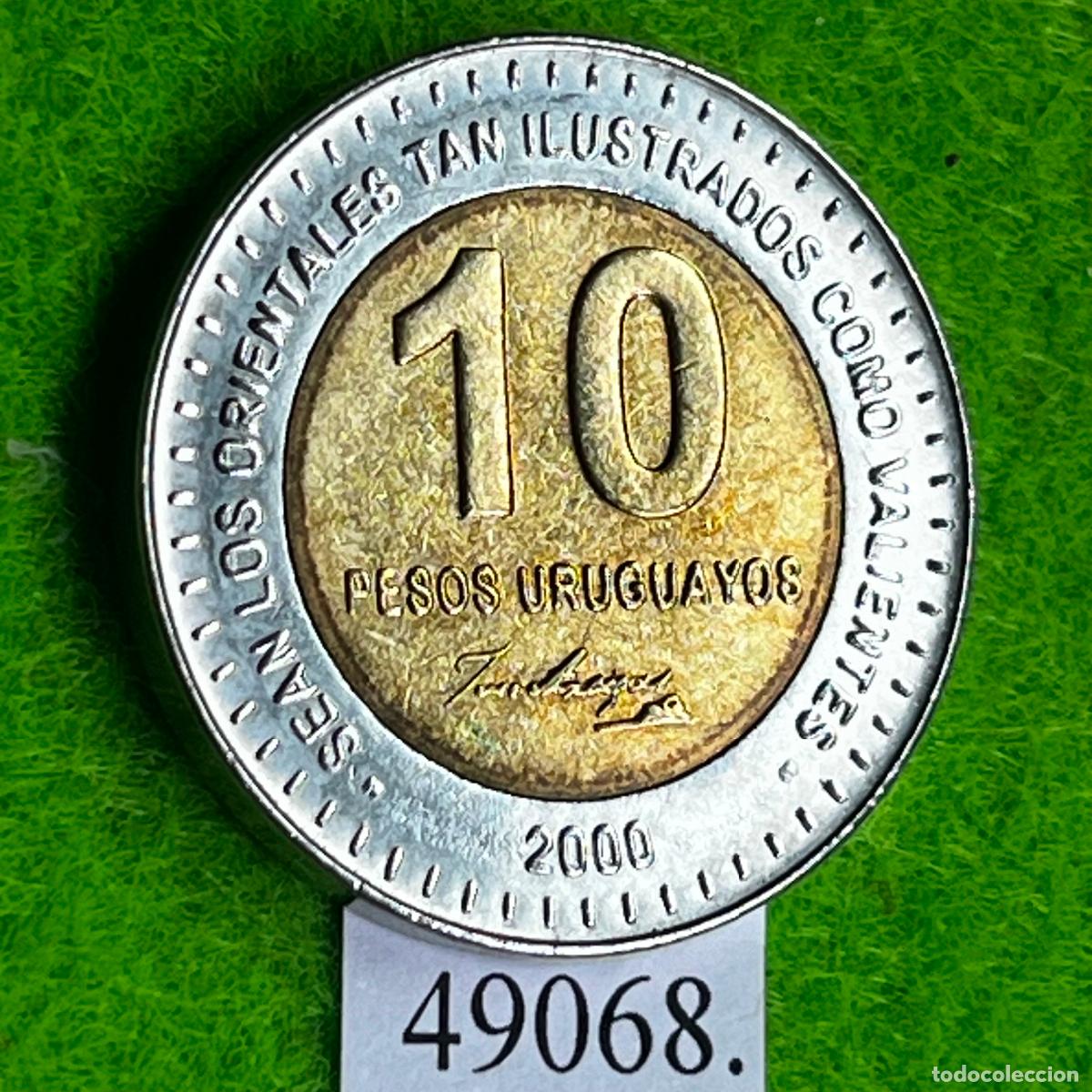 Monedas antiguas de Am&eacute;rica: Uruguay 10 pesos 2000, bimetalica, variante fecha sin estrellas, Casa de Moneda de Buenos Aires