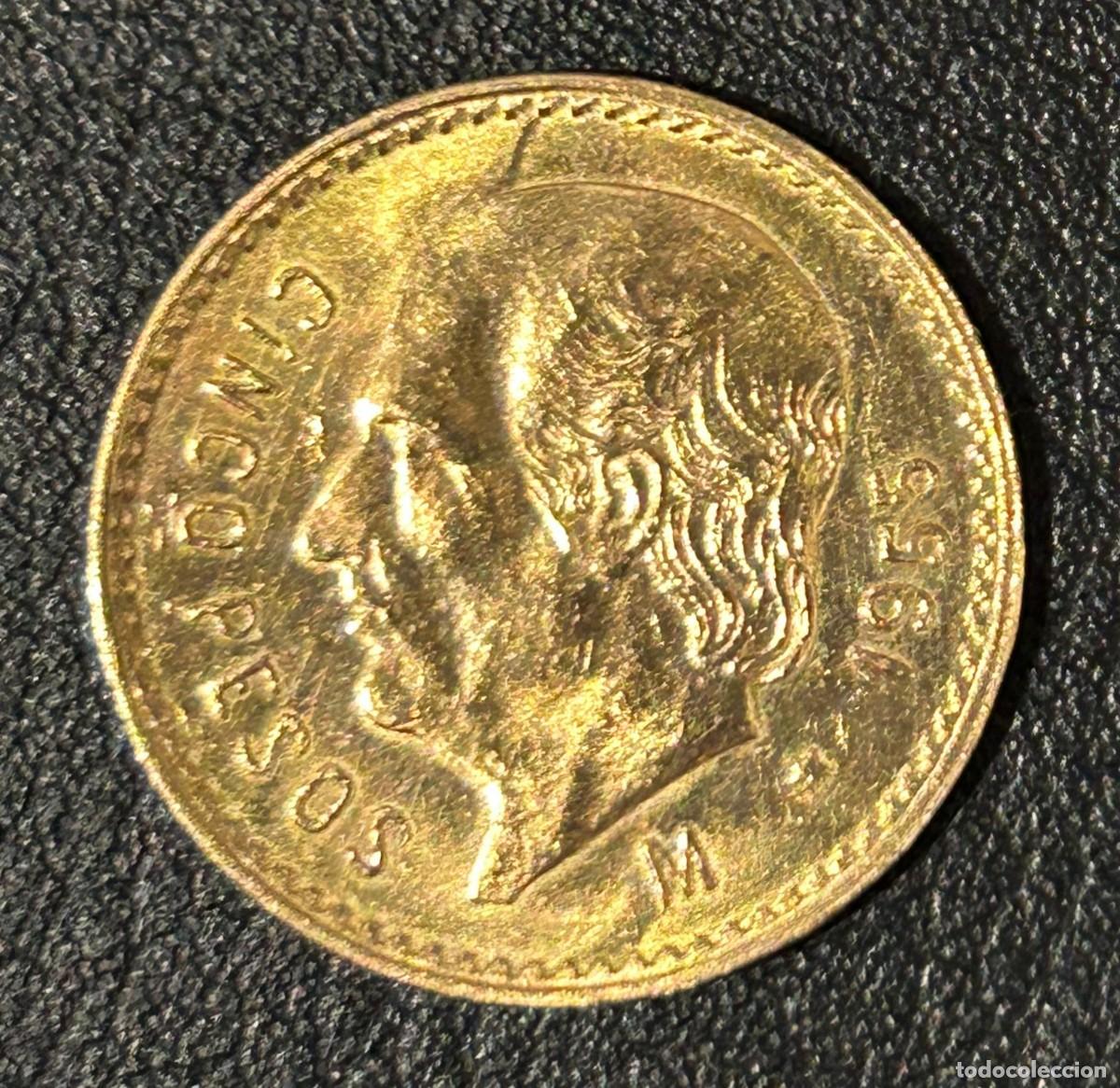 Moedas antigas da Am&eacute;rica: Moneda de oro &laquo;Centenario Hidalgo&raquo; de 5 Pesos Mexicanos, (M&eacute;xico, 1905-1955), 3,75g de oro