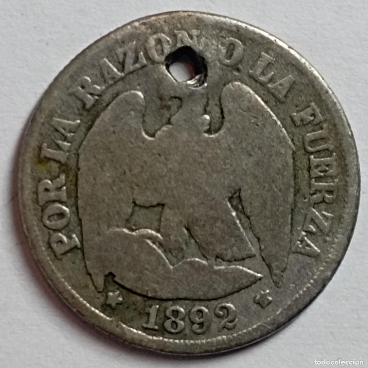 Monedas antiguas de Am&eacute;rica: Moneda de Chile 1 d&eacute;cimo de 1892 de plata - Foto 1