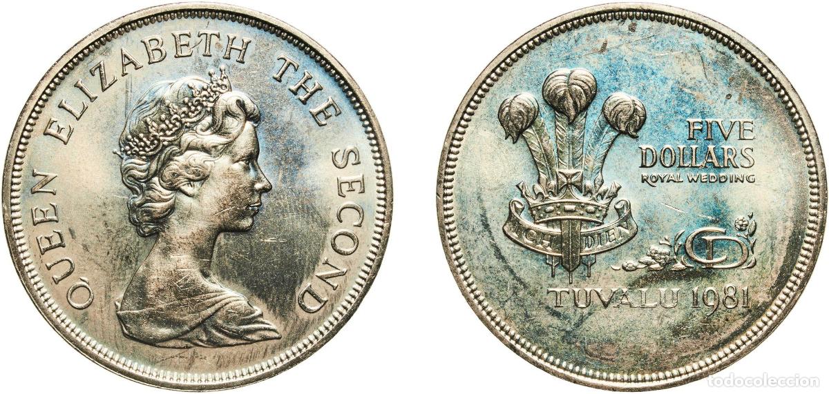 Monedas antiguas de Am&eacute;rica: Tuvalu Constitutional Monarchy 1981 5 Dollars - Elizabeth II (Royal Wedding) Copper-nickel Royal Mi
