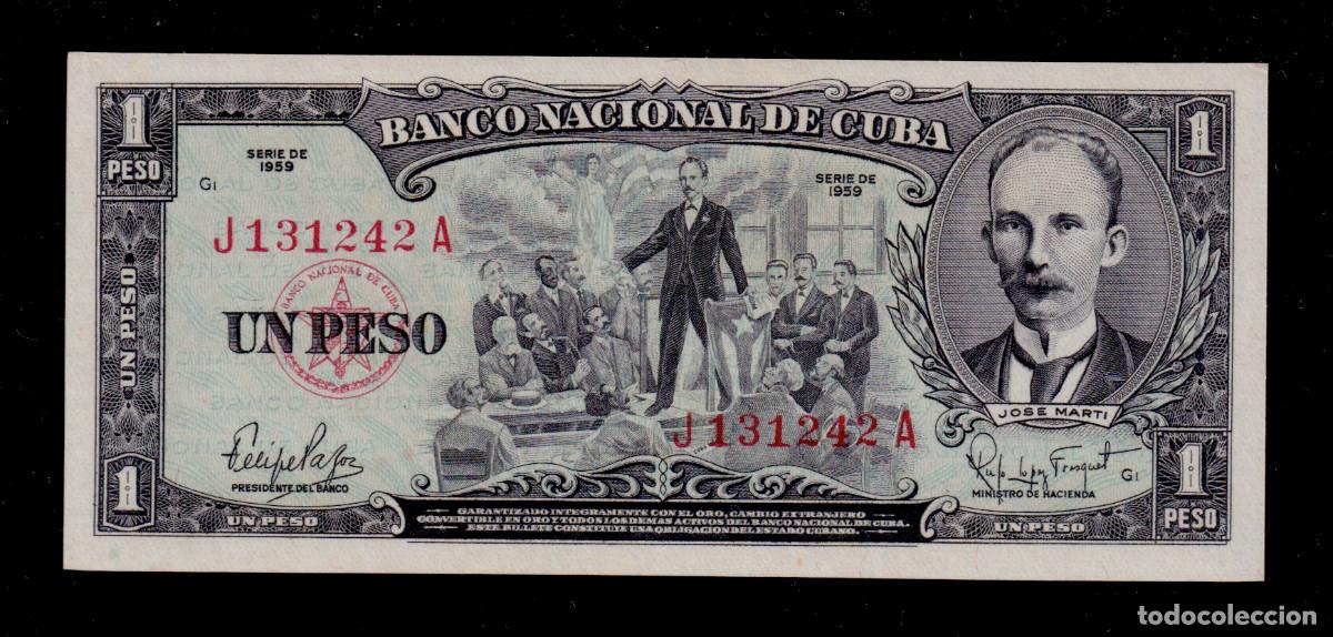 Monedas antiguas de Am&eacute;rica: CUBA 1 PESO 1959 AUNC/EBC+ Pick.90a Serie J131242A JOSE MART&Iacute; . FIRMA DE FELIPE PAZOS
