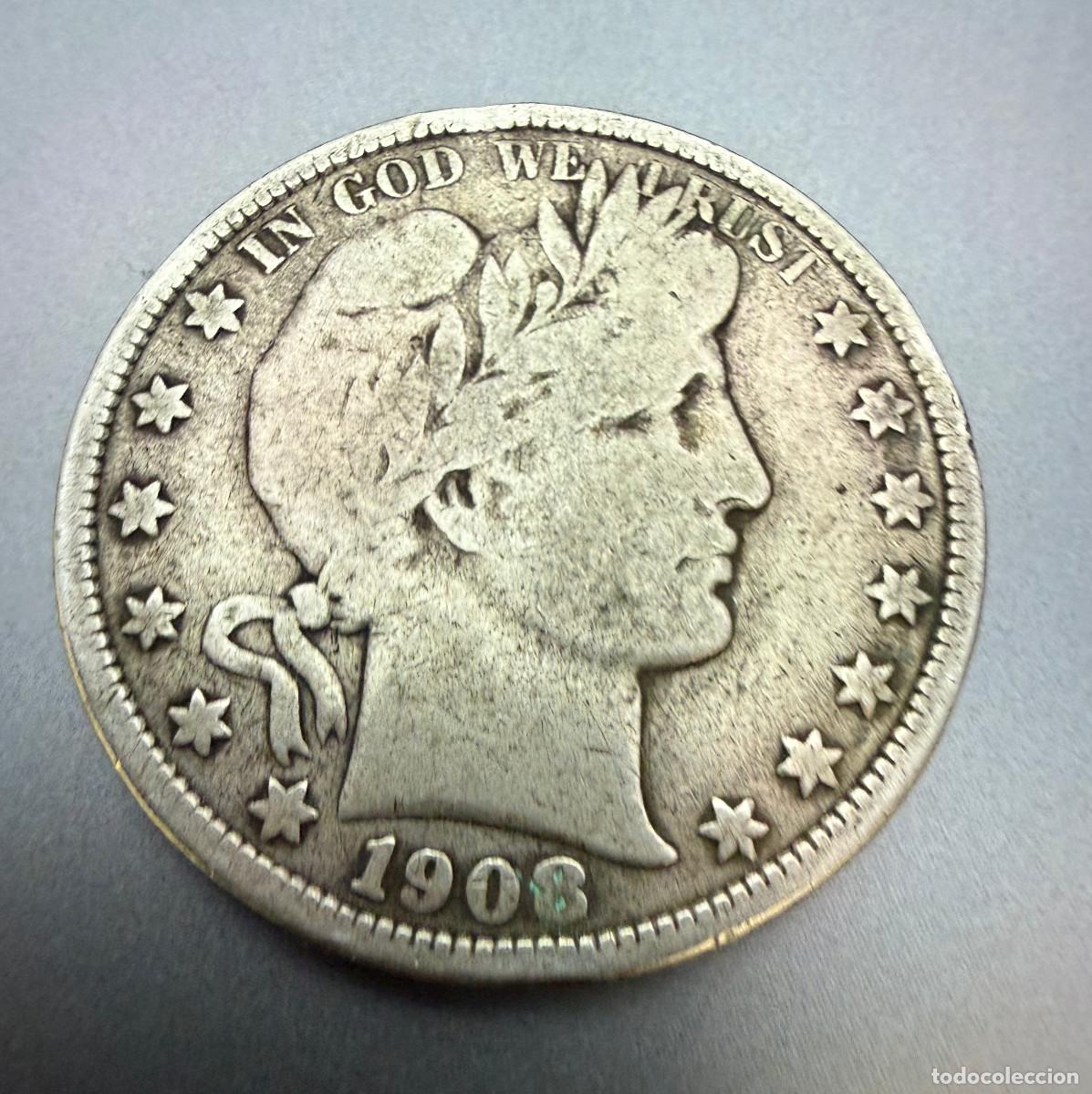 Monedas antiguas de Am&eacute;rica: 1/2 Dolar 1908-D Barber Half Dollar Silver Coin Medio D&oacute;lar Barber 1908-D EE.UU. Ceca Denver Plata