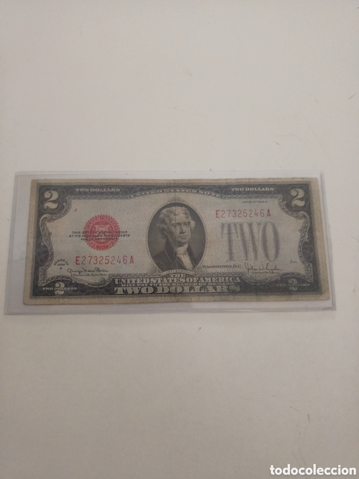 Monedas antiguas de Am&eacute;rica: Billete 2 Dolares EEUU Serie G Sello Rojo 1928