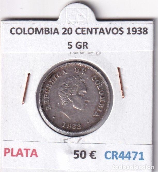 Monete antiche di America: CR4471 MONEDA COLOMBIA 20 CENTAVOS 1938 5 GR PLATA