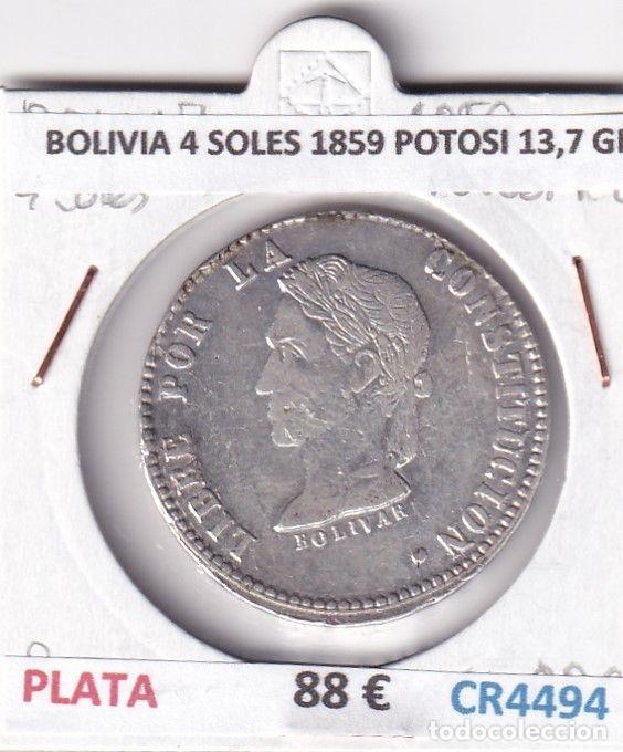 Moedas antigas da Am&eacute;rica: CR4494 MONEDA BOLIVIA 4 SOLES 1859 POTOSI 13,7 GR PLATA