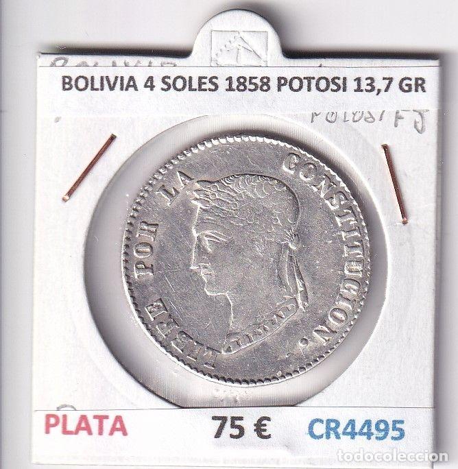 Moedas antigas da Am&eacute;rica: CR4495 MONEDA BOLIVIA 4 SOLES 1858 POTOSI 13,7 GR PLATA