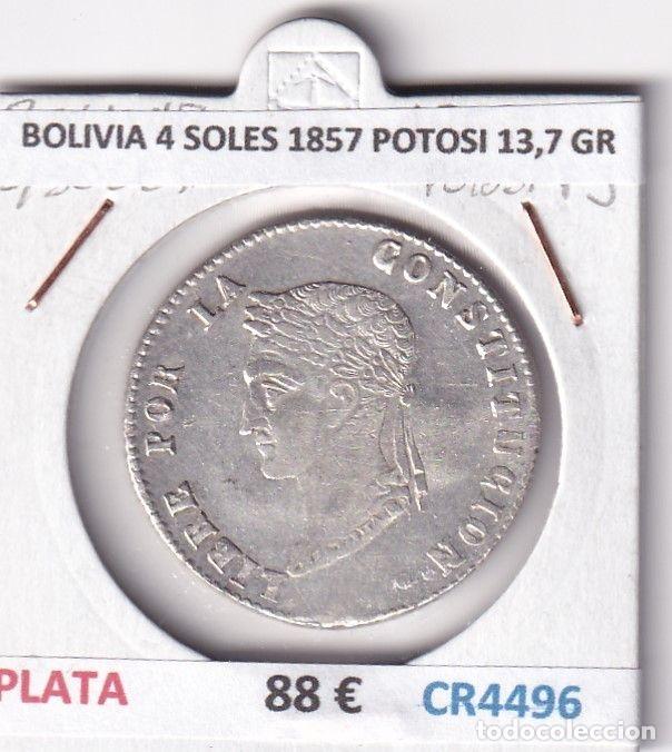 Moedas antigas da Am&eacute;rica: CR4496 MONEDA BOLIVIA 4 SOLES 1857 POTOSI 13,7 GR PLATA