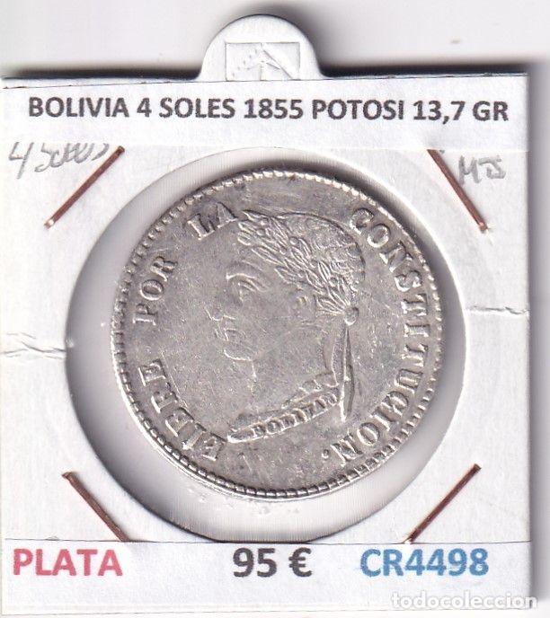 Moedas antigas da Am&eacute;rica: CR4498 MONEDA BOLIVIA 4 SOLES 1855 POTOSI 13,7 GR PLATA