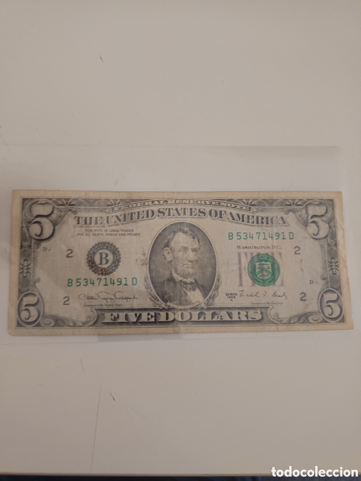 Monedas antiguas de Am&eacute;rica: Billete EEUU. 5 D&oacute;lares. A&ntilde;o 1988 Serie A.