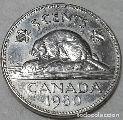 Monedas antiguas de Am&eacute;rica: Canad&aacute;, 5 C&eacute;ntimos 1980, KM#60.2./ Sin Circular?, muy bonita, la de la foto.