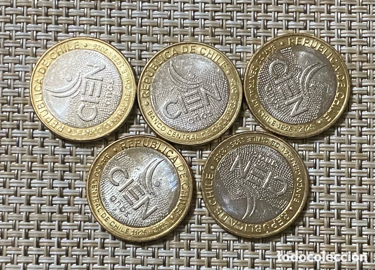Monedas antiguas de Am&eacute;rica: Chile 100 Pesos 2025 Banco Central lote de 5