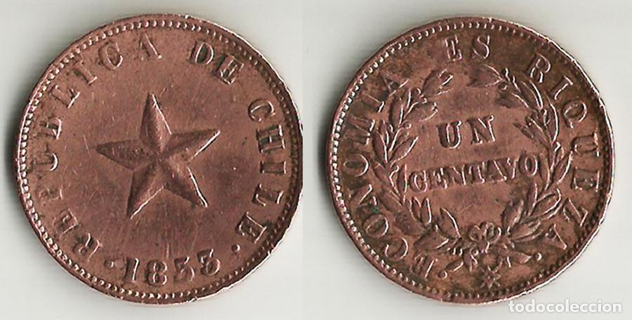 Moedas antigas da Am&eacute;rica: CHILE - 1 CENTAVO - 1853 - COBRE - E. B. C. - REF: KM#127