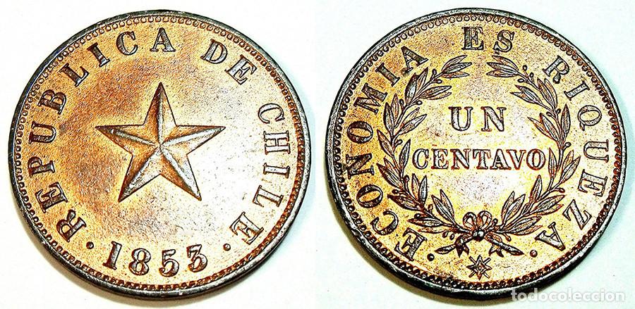 Moedas antigas da Am&eacute;rica: CHILE - 1 CENTAVO - 1853 - COBRE - NO CIRCULADA