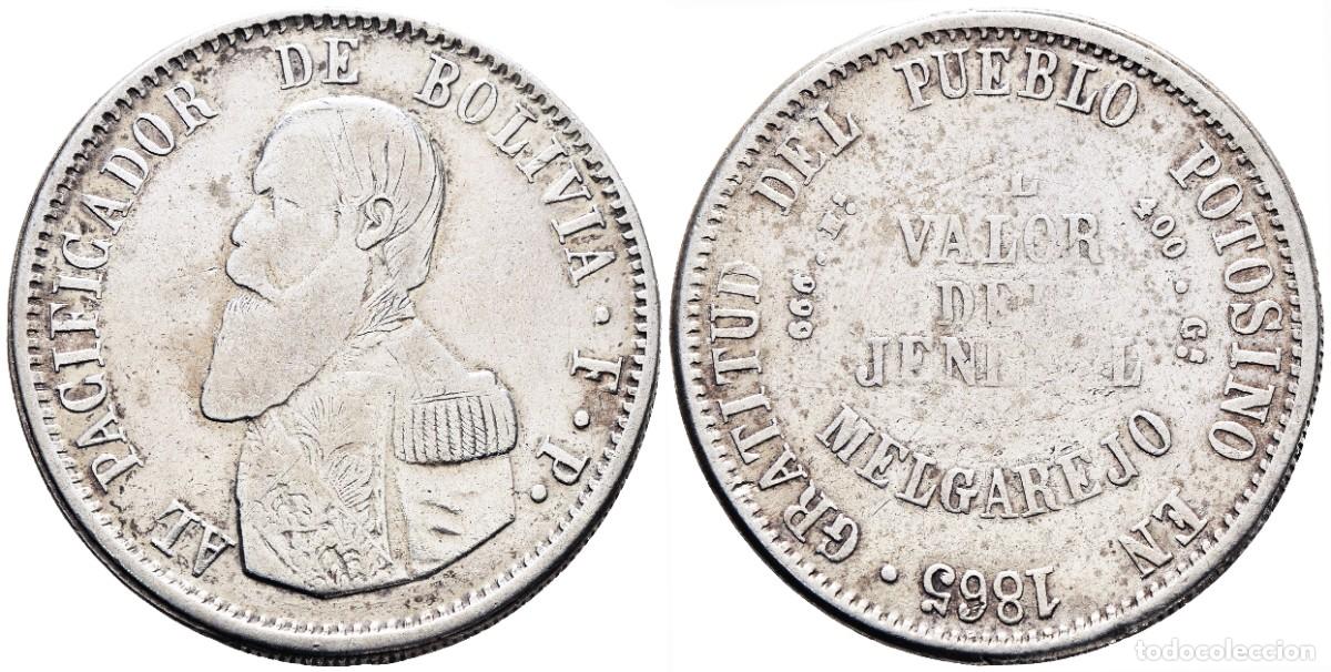 Monedas antiguas de Am&eacute;rica: *** BONITO 1 MELGAREJO DE BOLIVIA. 1865. POTOS&Iacute; FP. PLATA. AL VALOR DEL JENERAL MELGAREJO ***