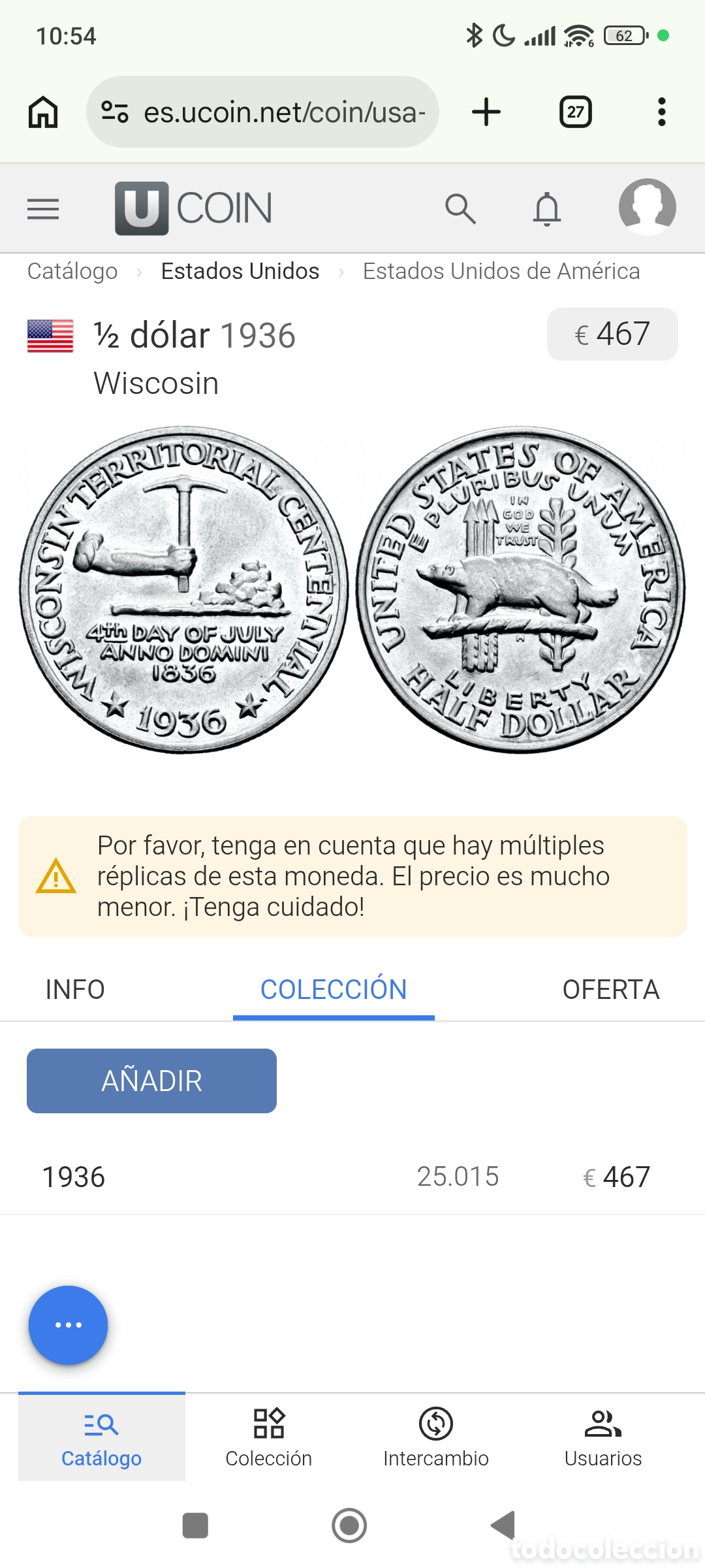Monedas antiguas de Am&eacute;rica: Half dolar 1936 wisconsin - Foto 4