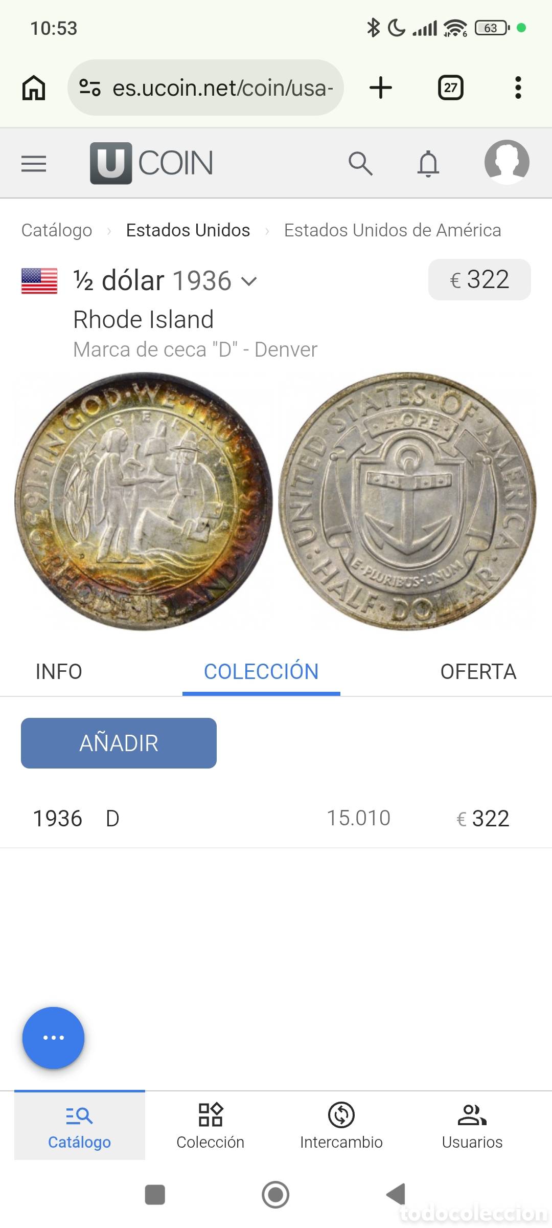 Monedas antiguas de Am&eacute;rica: Half dolar 1936 Rhode island - Foto 4