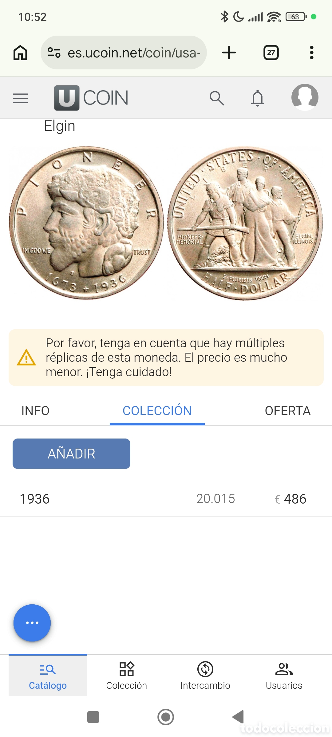 Monedas antiguas de Am&eacute;rica: Half dolar 1936 Elgin - Foto 4