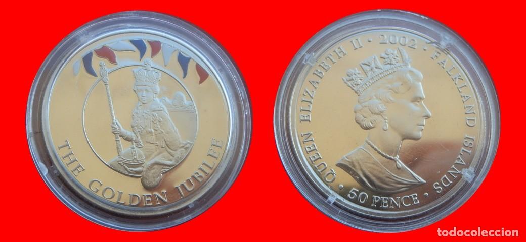 Monedas antiguas de Am&eacute;rica: 50 PENIQUES PENCE 2002 COLOREADA SIN CIRCULAR ISLAS MALVINAS FALKLAND-9782SC