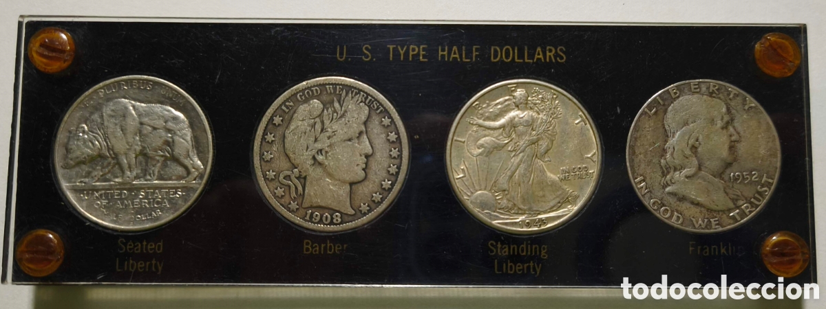 Monedas antiguas de Am&eacute;rica: EEUU. A&ntilde;os '50. Expositor con half dollars
