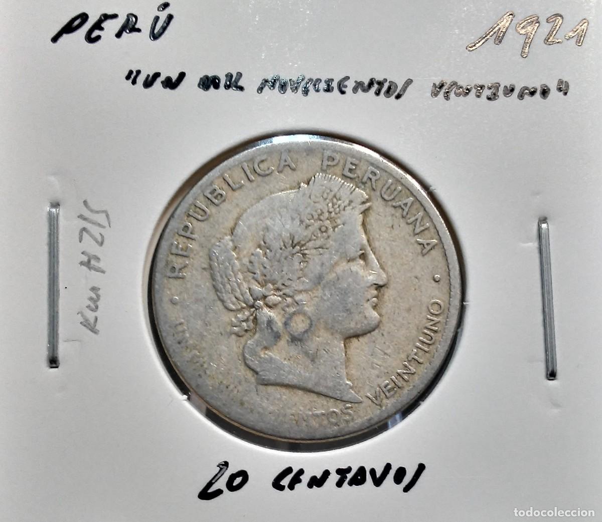Monedas antiguas de Am&eacute;rica: PER&Uacute; 20 CENTAVOS 1921 KM#215 MBC.