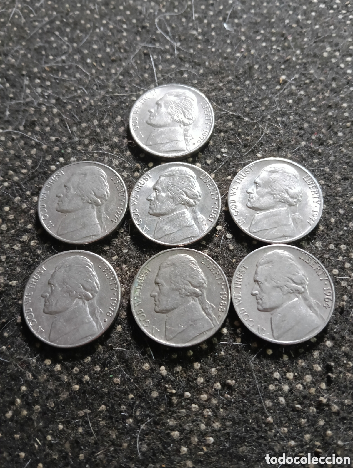 Monedas antiguas de Am&eacute;rica: Lote de 7 monedas de 5 CTS. de dolar 1 de 1964, 1 de 1974, 1 de 1977, 1 de 1978, 1 de 1981, 1 de 1