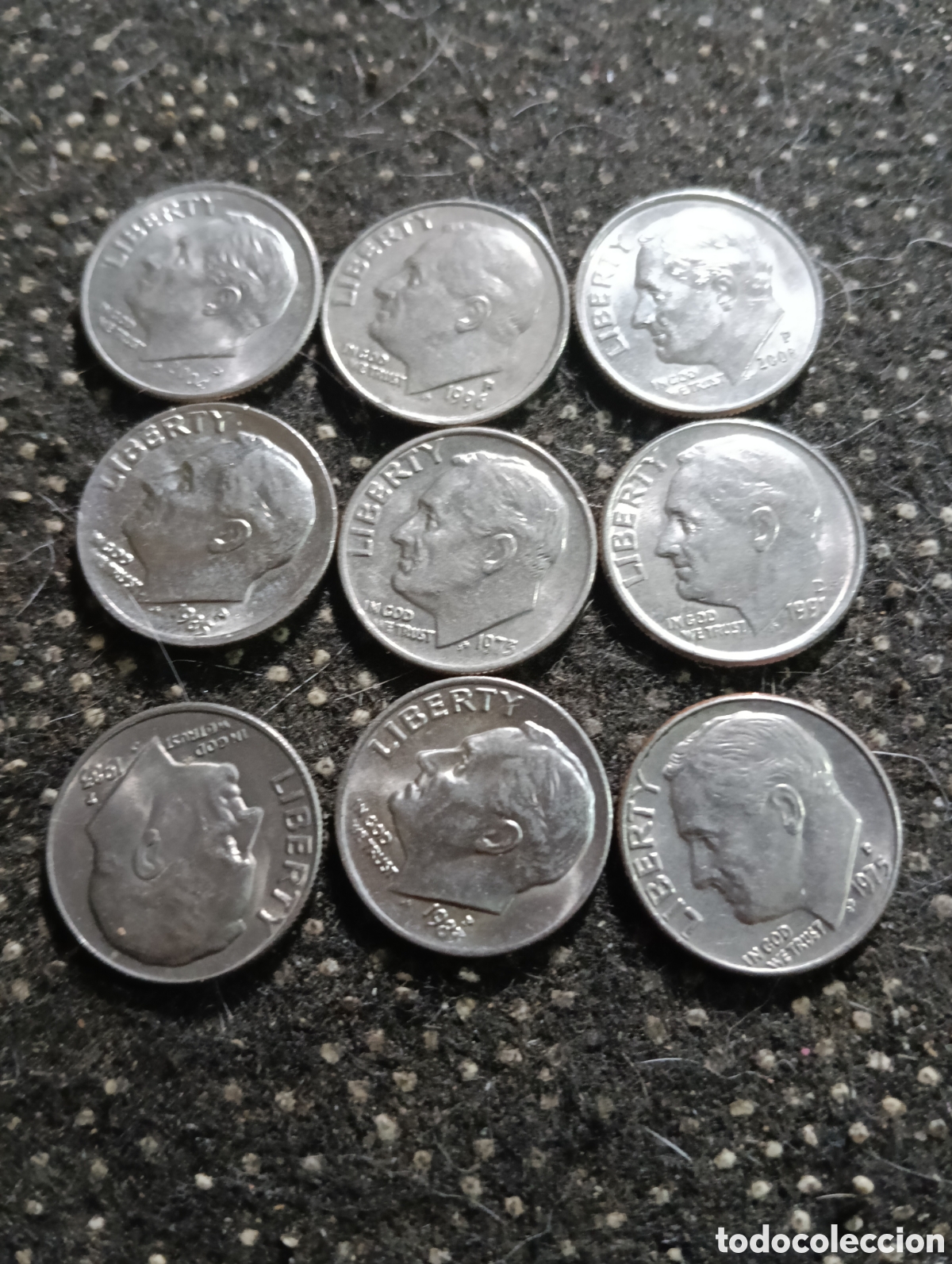 Monedas antiguas de Am&eacute;rica: Lote de 9 monedas de 5 Dime de dolar, todas circuladas.