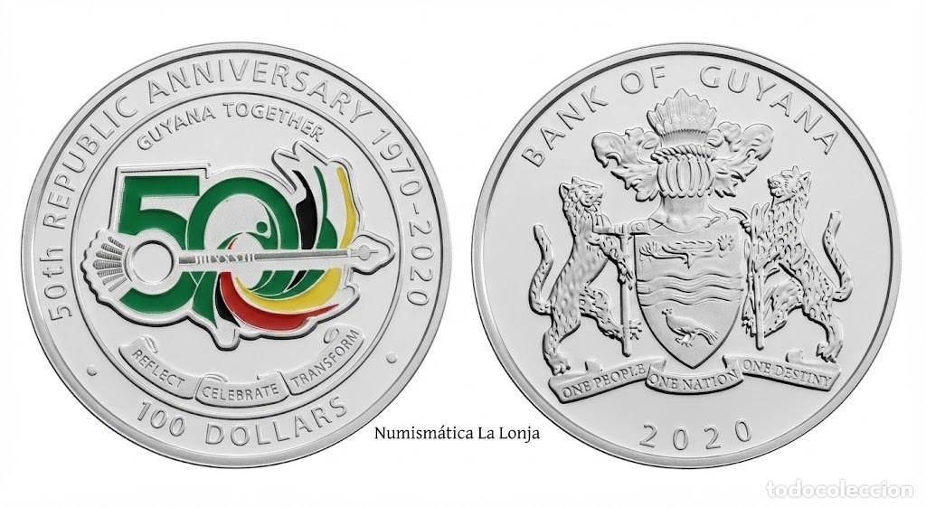 Moedas antigas da Am&eacute;rica: Guyana 100 D&oacute;lares Conmemorativa 50 A&ntilde;os de la Rep&uacute;blica 2020 Km 62 Sc Unc
