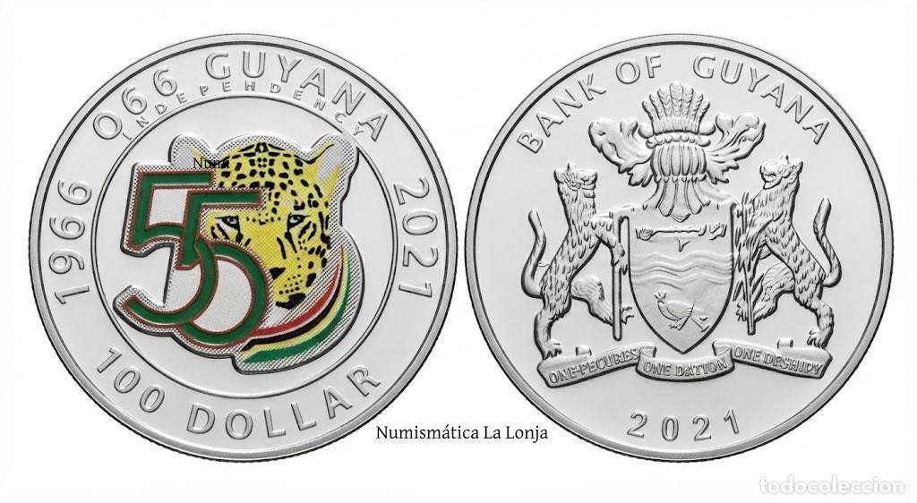 Monedas antiguas de Am&eacute;rica: Guyana 100 D&oacute;lares Conmemorativa 55 a&ntilde;os de independencia 2021 Km 64 Sc Unc