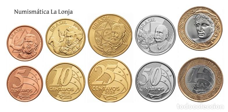 Monete antiche di America: Brasil Set 5 monedas 5 10 25 50 Centavos 1 Real 2019-2025 Km 648 649 650 651 652a Sc Unc