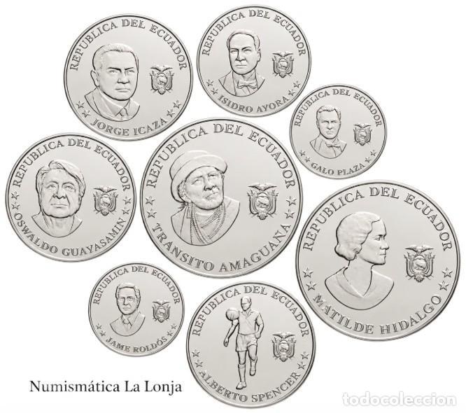 Monete antiche di America: Ecuador Set 8 monedas 5 10 10 25 25 25 50 50 Centavos Personajes Hist&oacute;ricos 2023 Km 131-138 Sc Unc