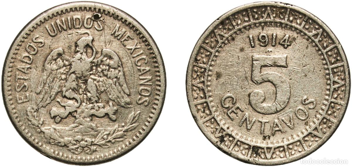 Monedas antiguas de Am&eacute;rica: Mexico United Mexican States 1914 M 5 Centavos Nickel Mexican Mint (2000000) 4.9g VF KM 421 Sch&ouml;n
