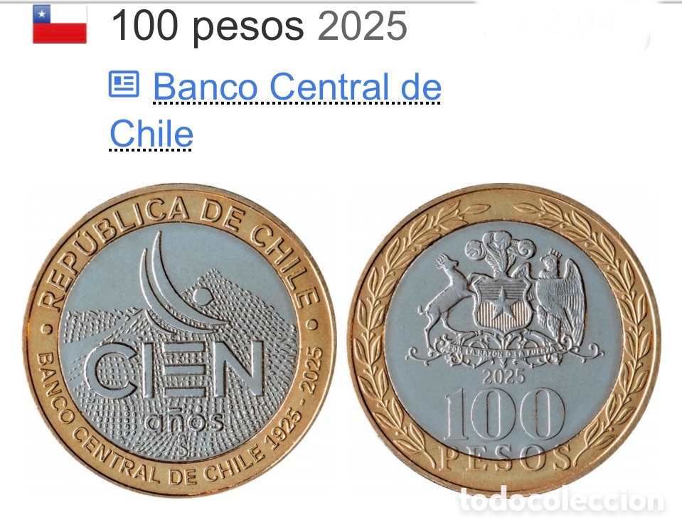 Monedas antiguas de Am&eacute;rica: Chile 100 pesos 2025 Banco Central