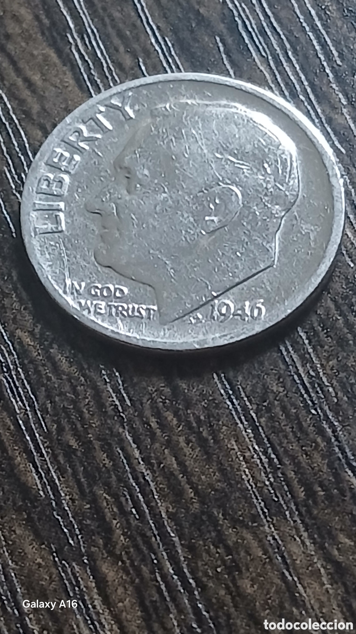 Monedas antiguas de Am&eacute;rica: Moneda de 10 c&eacute;ntimos de Roosevelt, acu&ntilde;ada en 1946 en Estados Unidos. - Composici&oacute;n: Plata 900.