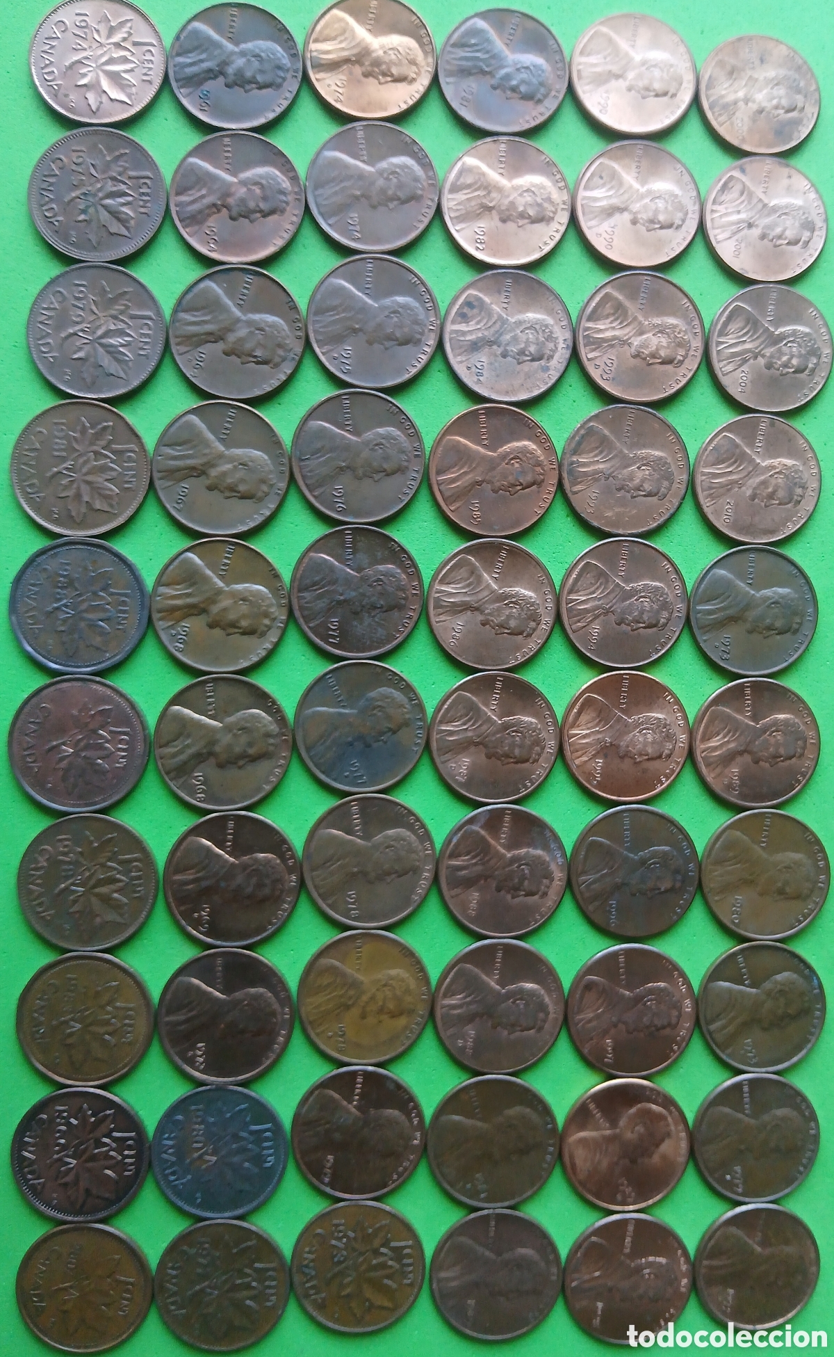 Monedas antiguas de Am&eacute;rica: USA/Canad&aacute; lote 60 monedas de 1 cent / diferentes fechas. 1961 - 2010.