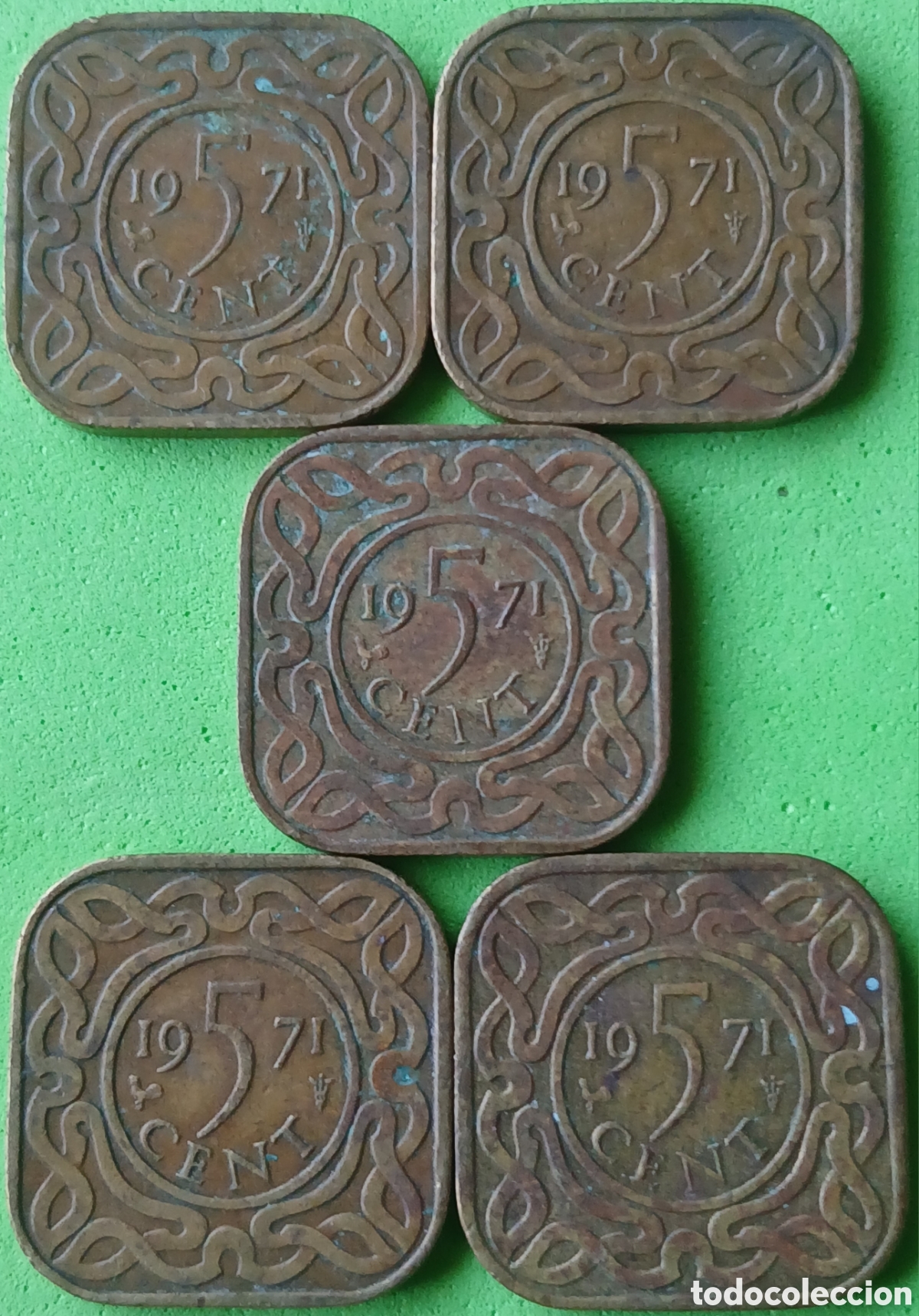 Monedas antiguas de Am&eacute;rica: Surinam 5 cent 1971 &times; 5 monedas. Km#12 POCO COM&Uacute;N!