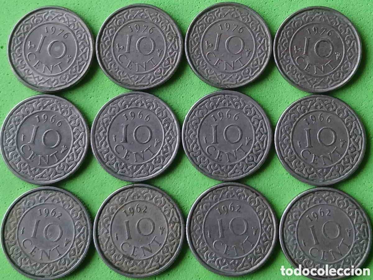 Monedas antiguas de Am&eacute;rica: Surinam 10 cent 1962/1966/1976 lote 12 monedas. Km#13
