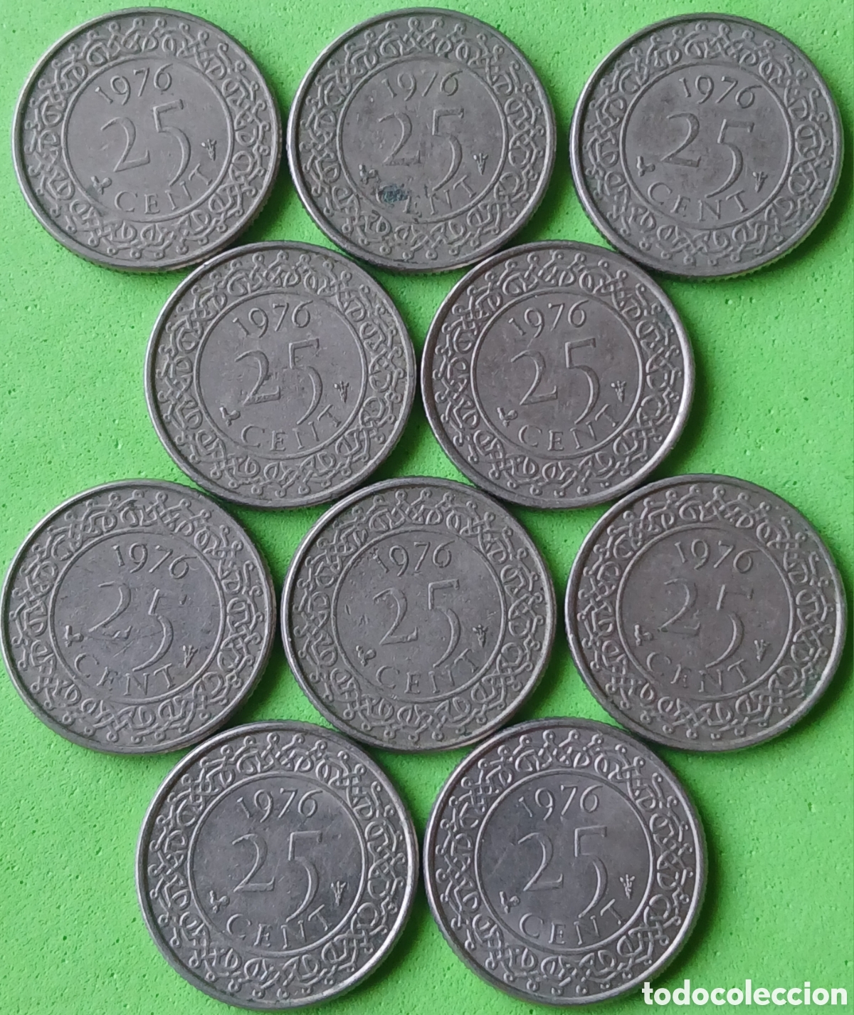 Monedas antiguas de Am&eacute;rica: Surinam 25 cent 1976 &times; 10 monedas. Km#14