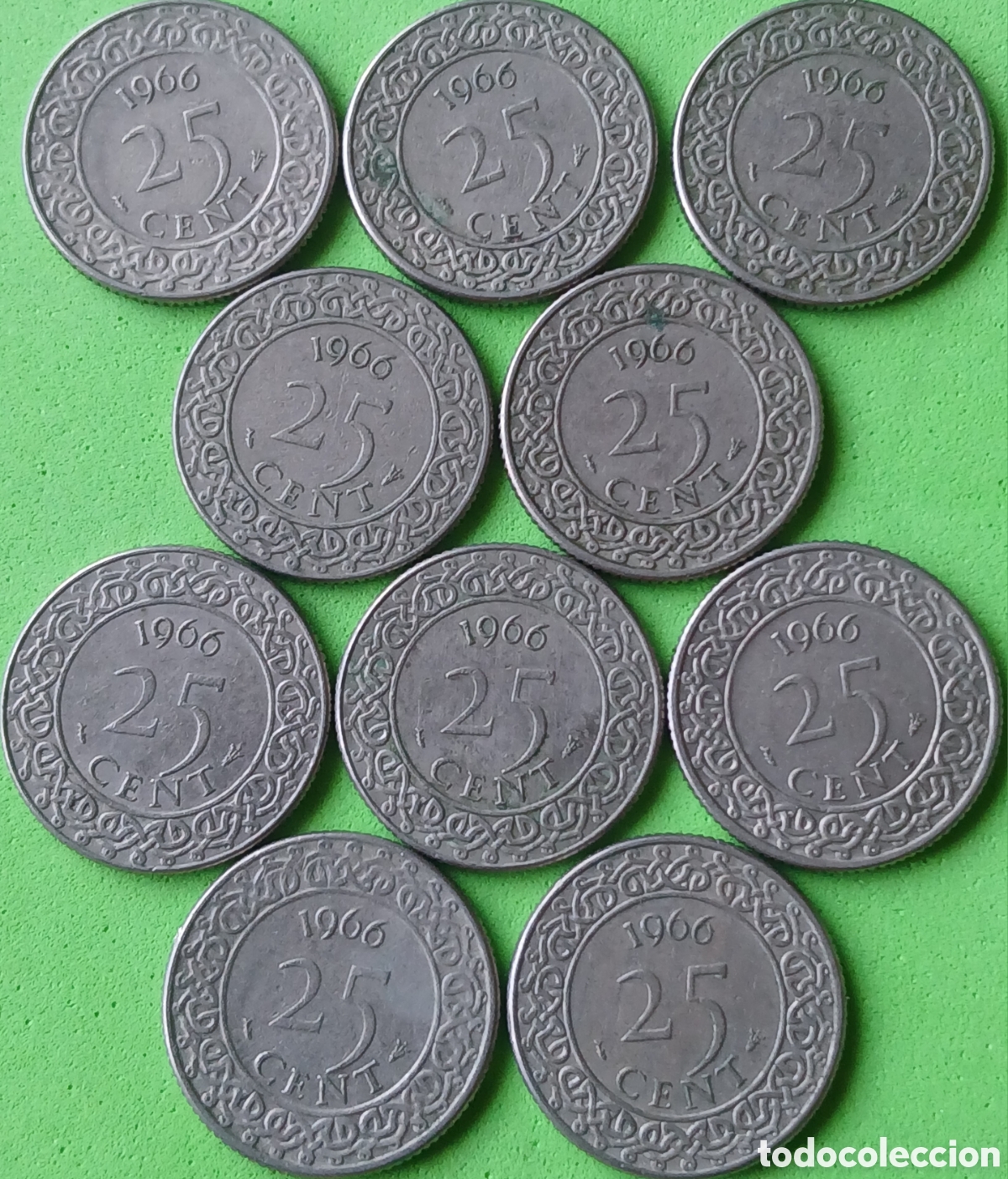 Monedas antiguas de Am&eacute;rica: Surinam 25 cent 1966 &times; 10 monedas. Km#14