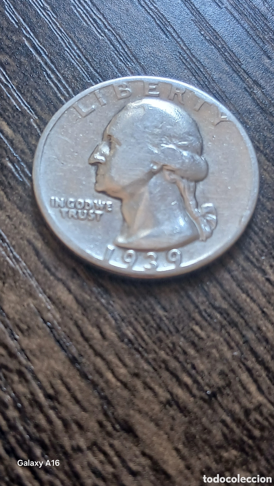 Monedas antiguas de Am&eacute;rica: Moneda de 25 centavos de d&oacute;lar estadounidense con la efigie de George Washington, acu&ntilde;ada en 1939. -
