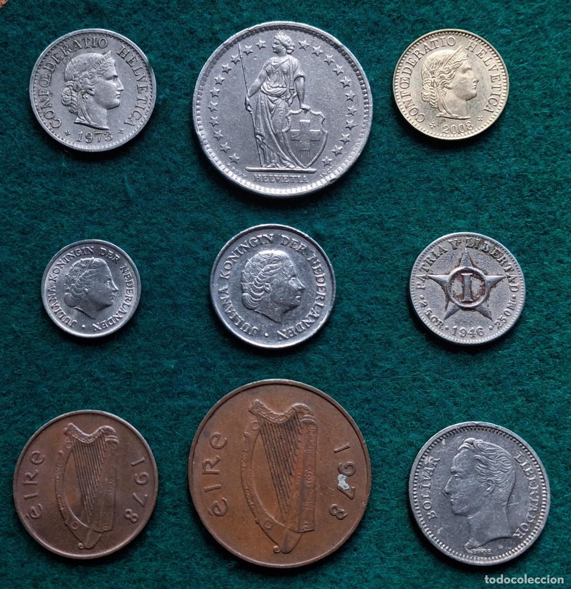 Monedas antiguas de Am&eacute;rica: Lote de 9 monedas internacionales de Suiza, Paises Bajos, Irlanda, Cuba y Venezuela.