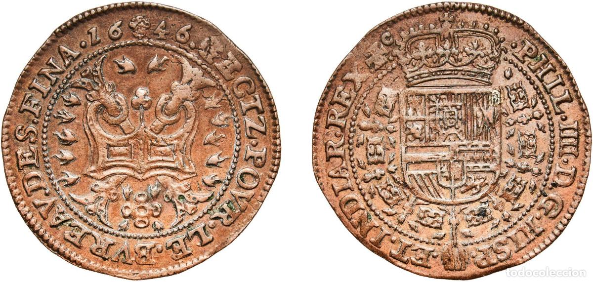 Monedas antiguas de Am&eacute;rica: Spanish Netherlands 1646 Financial Office Copper Royal Mint of Belgium 5.66g XF Dugniolle 4002