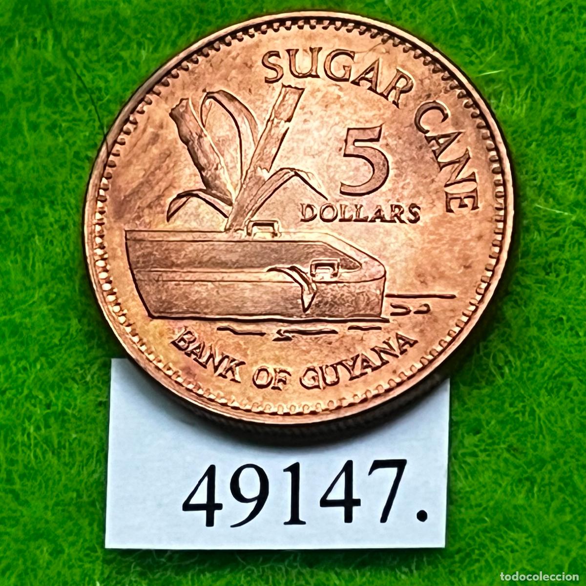 Monedas antiguas de Am&eacute;rica: Guyana 1996 5 dolar, cosecha de ca&ntilde;a de az&uacute;car.