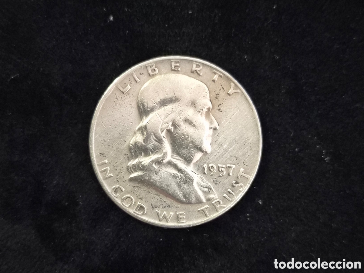 Monedas antiguas de Am&eacute;rica: 1/2 D&oacute;lar 1957 Franklin &ndash; Estados Unidos &ndash; Plata 900 &ndash; Liberty Bell &ndash; Filadelfia