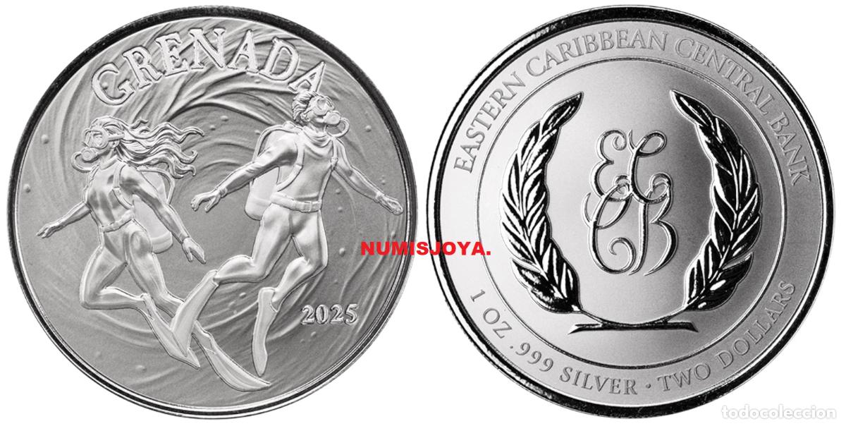 Monedas antiguas de Am&eacute;rica: CARIBE GRENADA a&ntilde;o 2025 2 DOLLARS ONZA PLATA BUCEADORES. Peso 31,10 gr.
