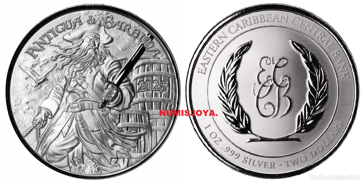 Monedas antiguas de Am&eacute;rica: CARIBE. ANTIGUA & BERMUDA a&ntilde;o 2025 2 DOLLARS ONZA PLATA Pirata Rum Runner.