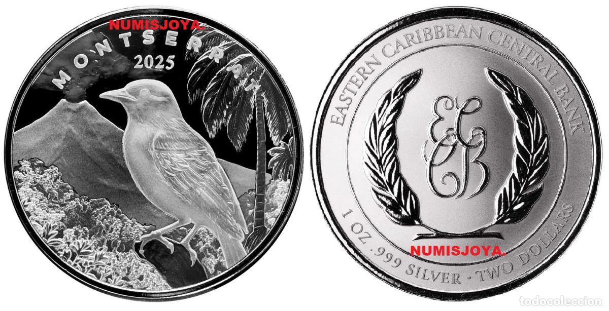 Monedas antiguas de Am&eacute;rica: CARIBE. MONTSERRAT a&ntilde;o 2025 2 DOLLARS ONZA PLATA PAJARO. Peso 31,10 gr.