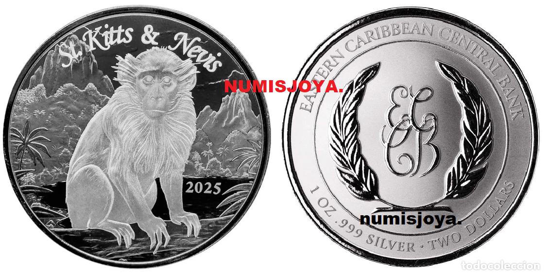 Monedas antiguas de Am&eacute;rica: CARIBE. San Crist&oacute;bal y Nieves a&ntilde;o 2025 2 DOLLARS ONZA PLATA. MONO VERDE.