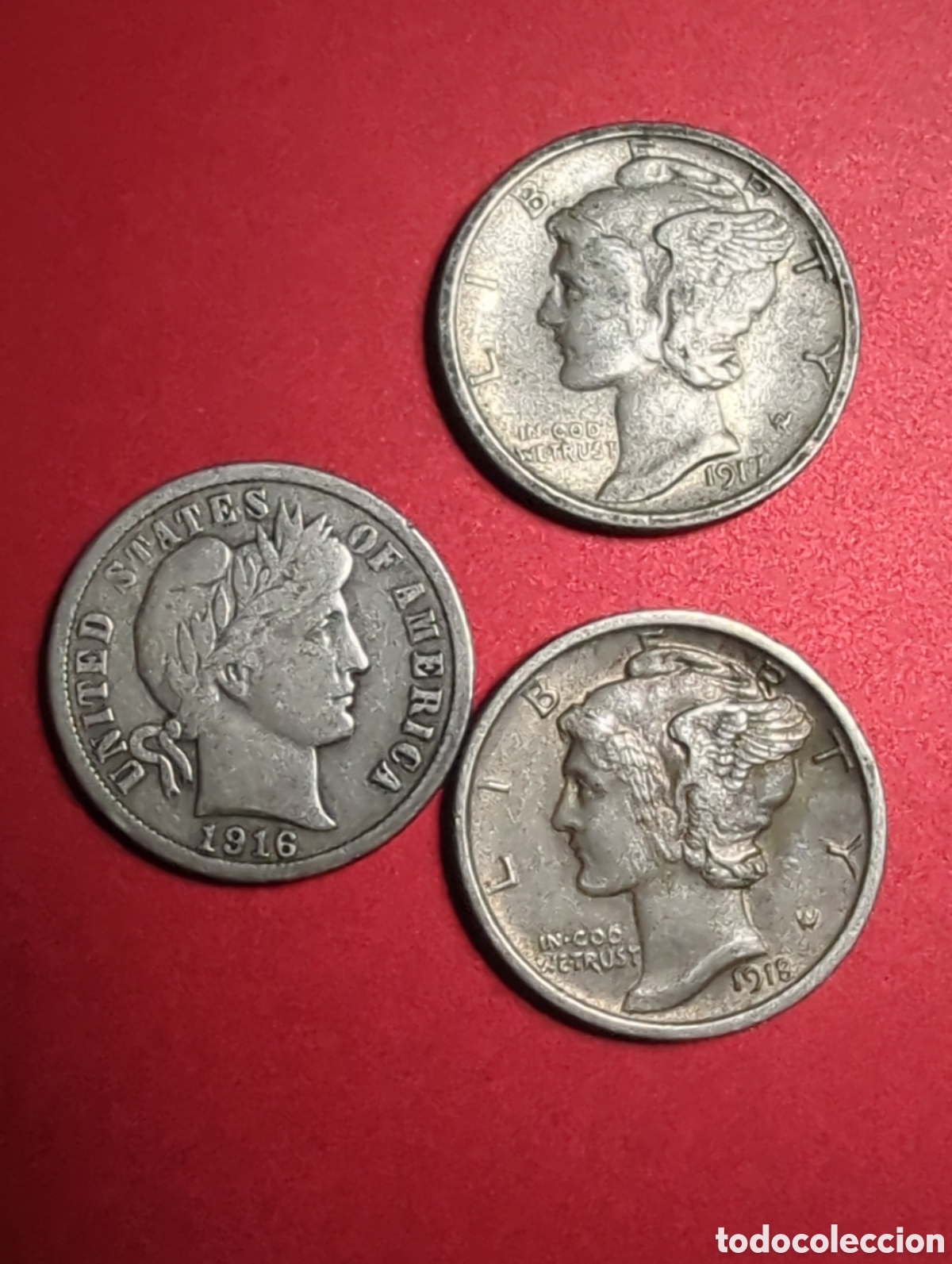 Moedas antigas da Am&eacute;rica: USA 3 dimes 1916-17 buen estado plata