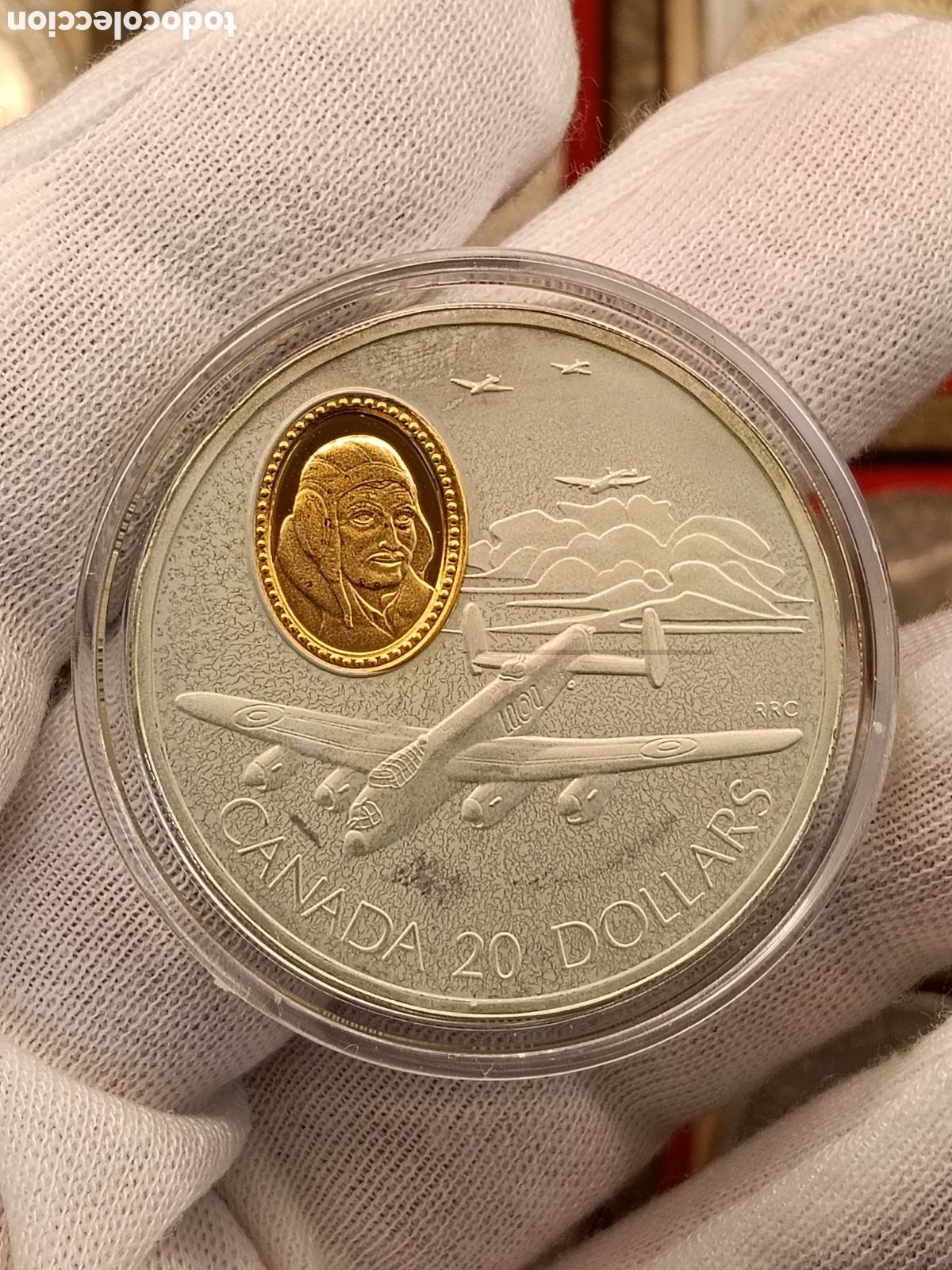 Monedas antiguas de Am&eacute;rica: CANADA 20 DOLARES . A&Ntilde;O 1990. SERIE AVIACION. 1 ONZA DE PLATA LEY 925 mm. CAMAFEO DE ORO 24 KILATES